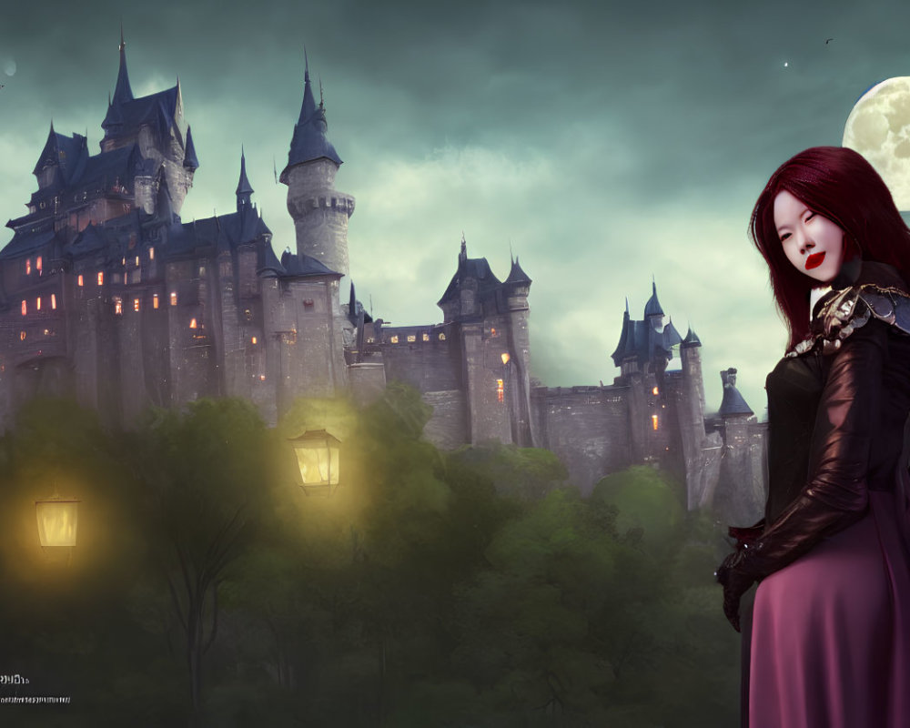 Woman with Red Hair in Purple Dress at Gothic Castle Under Moonlit Sky