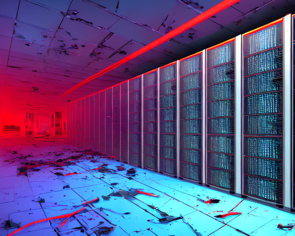 Futuristic server room with blue glowing racks and red lighting
