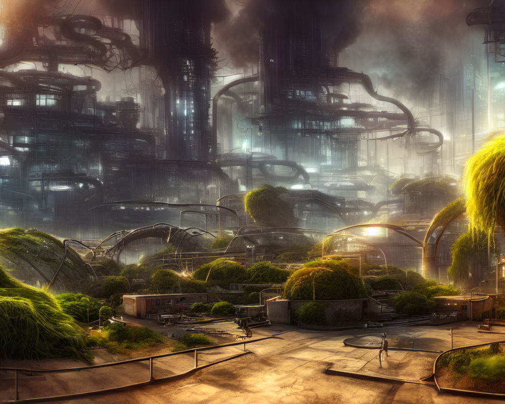 Futuristic cityscape with towering skyscrapers and greenery in dome structures