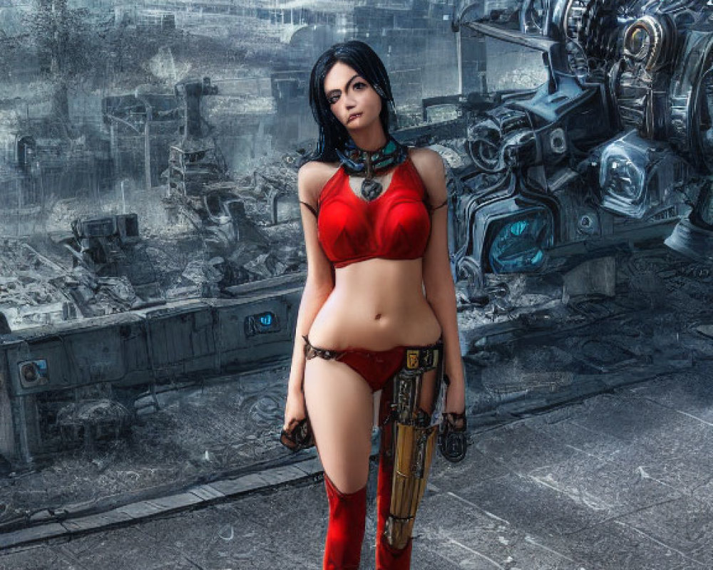 Woman in red sci-fi outfit with blaster in futuristic setting