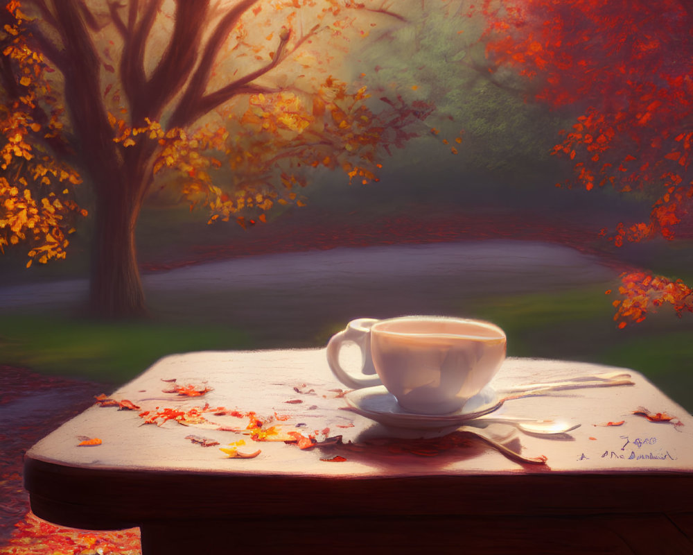 Autumn-themed coffee scene on wooden table with leaves and foliage