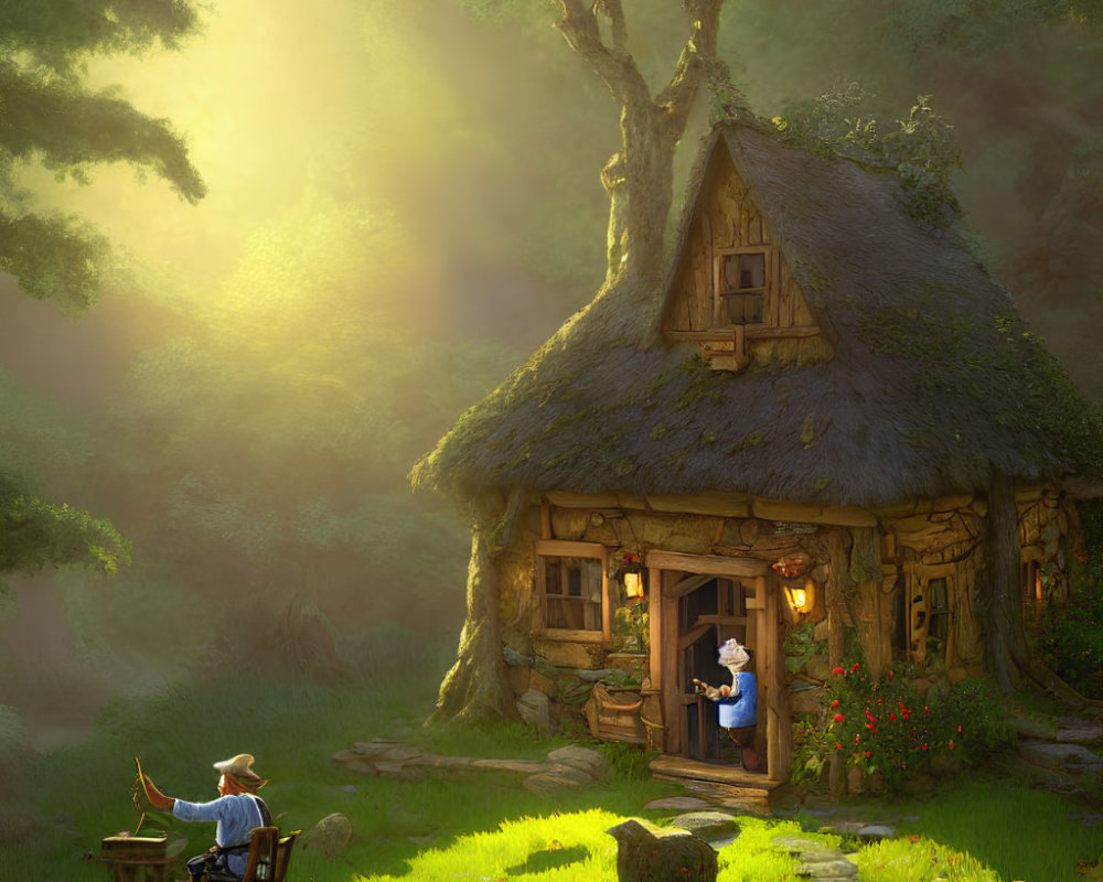 Thatched roof cottage in sunlit forest with reading person and blooming flowers