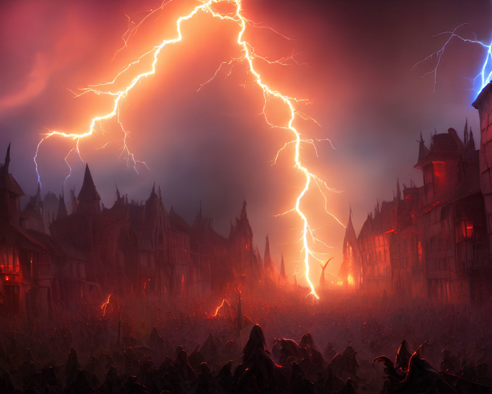 Dramatic fantasy cityscape with stormy sky, lightning bolts, silhouettes, gothic