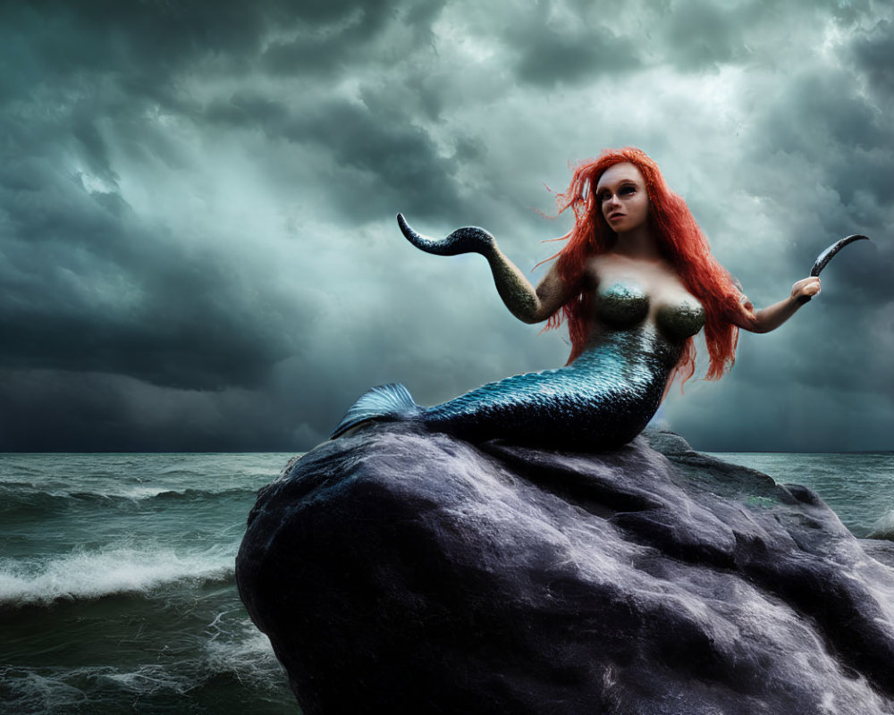Red-haired mermaid on rock in stormy sea with knife, tail reflecting light