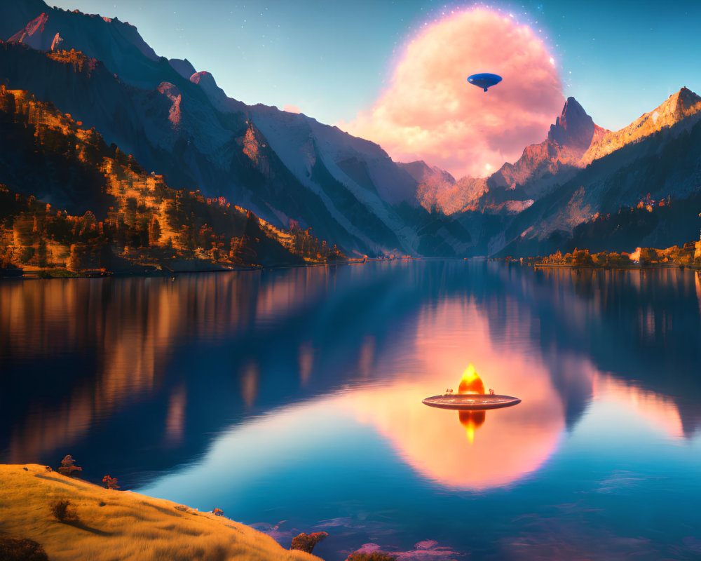 Mountain lake at dusk with futuristic UFOs and glowing portal