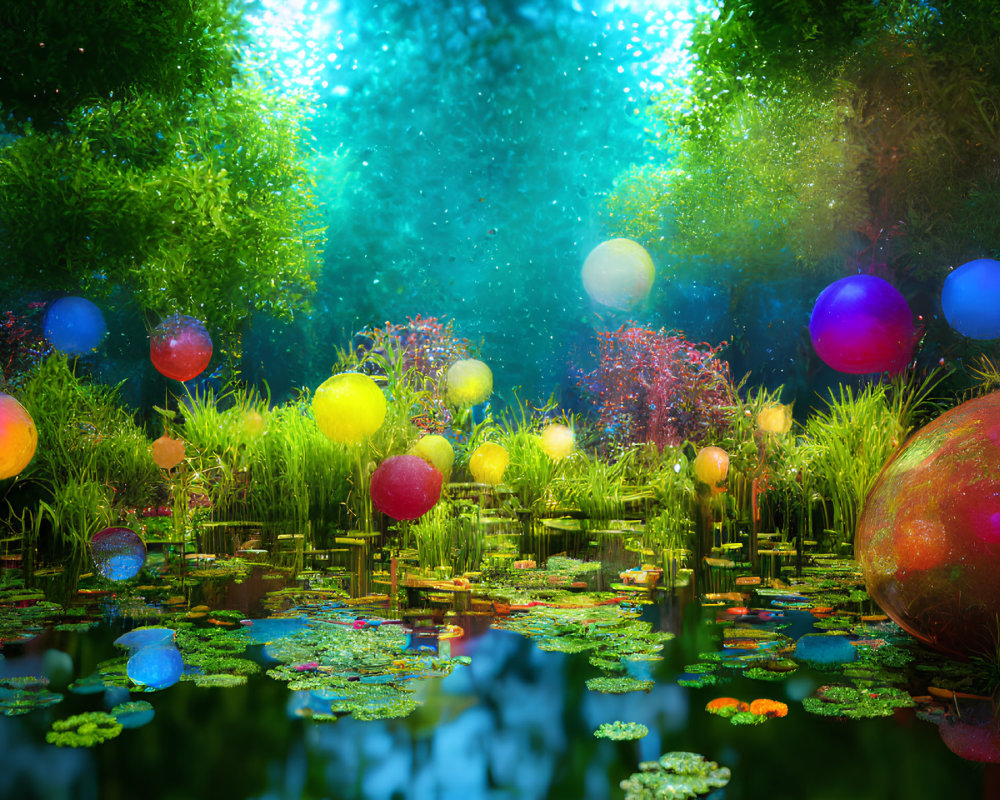 Colorful Glowing Orbs Above Water Lilies in Magical Pond