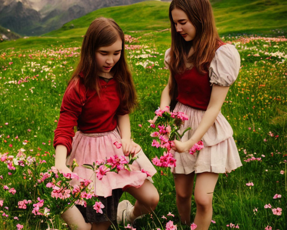 Two girls picking flowers in lush meadow with mountains.