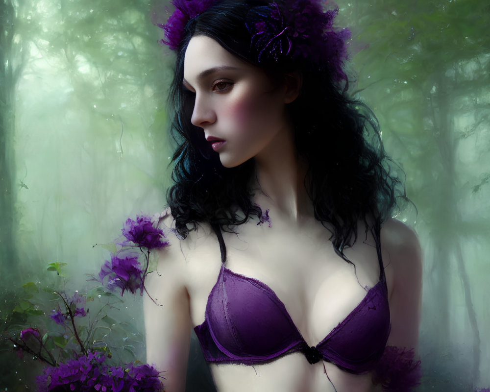 Woman in Purple Bra with Flower Hair in Misty Forest Setting