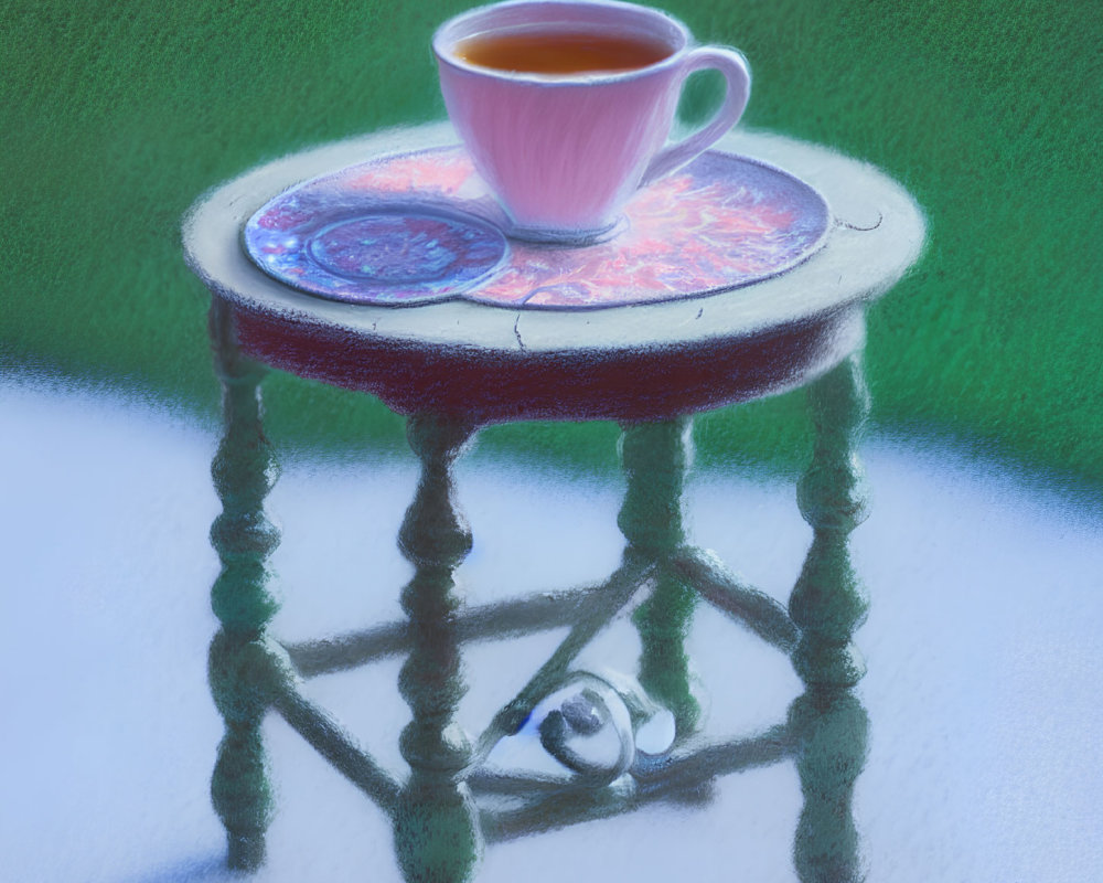 Steaming cup of tea on ornate wooden table with mandala patterns