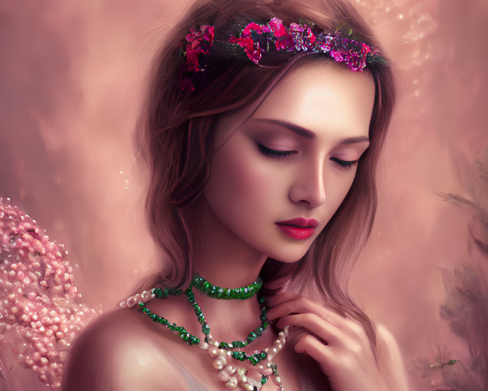 Woman with floral headband and pearl necklace on pink floral backdrop