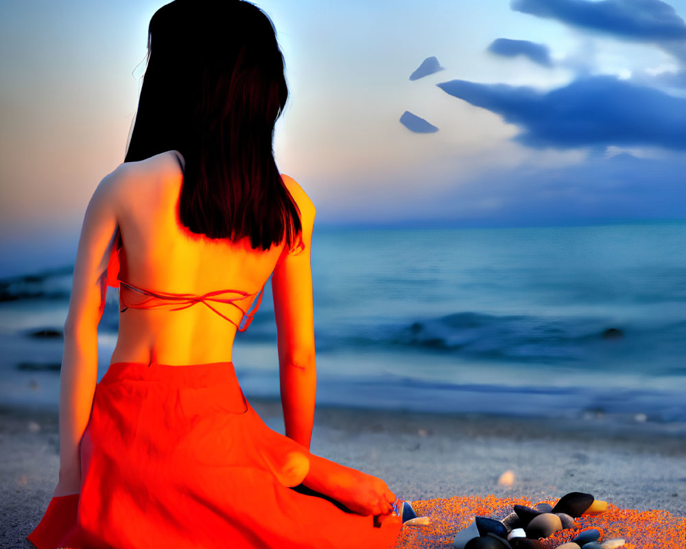Woman in Orange Dress Sitting on Beach at Sunset with Pebbles, Birds, and Sea View