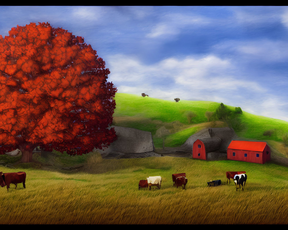 Colorful rural landscape with red tree, cows, barn, and sheep in the distance