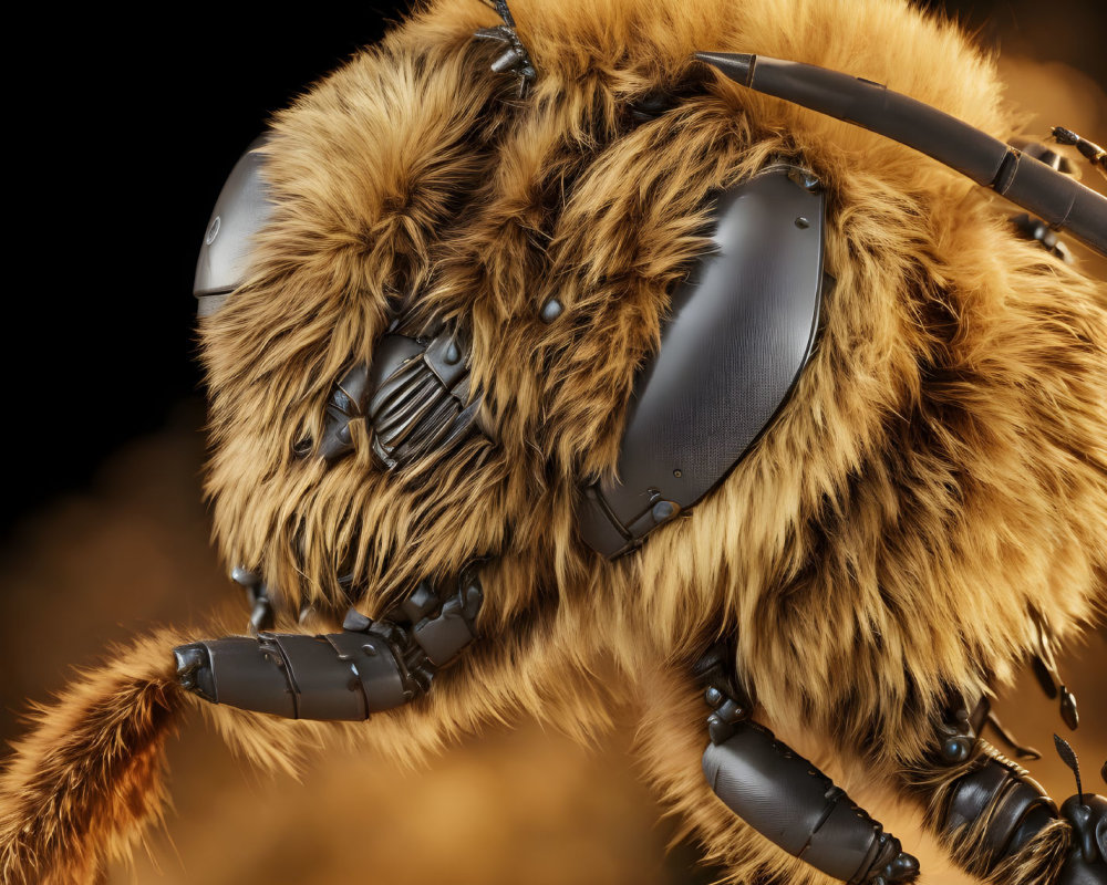 Detailed Close-Up of Cybernetic Bee with Metallic Parts on Fuzzy Body