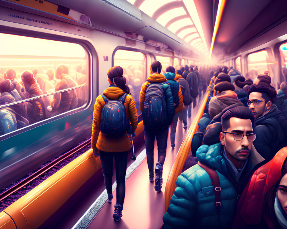 Crowded train carriage with passengers standing under warm orange light