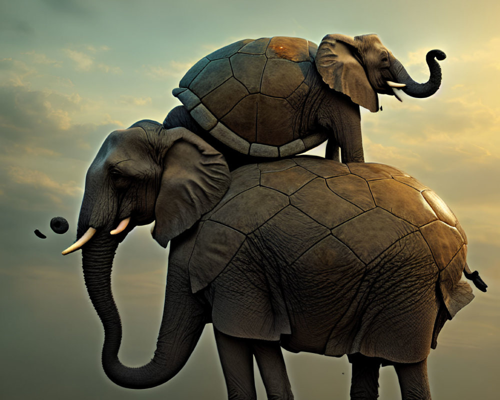 Two elephants with tortoise shell-like textures on a rock under a surreal dusky sky