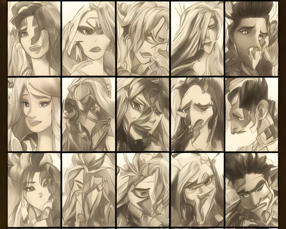 Diverse Emotion Collage: Sepia-Toned Illustrated Characters with Varied Expressions
