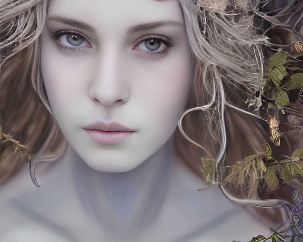Pale-skinned woman with light curly hair and intense eyes in mystical setting