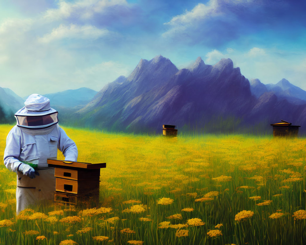 Beekeeper tending to beehive in vibrant field with mountains