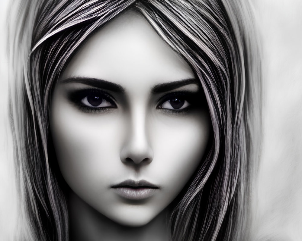 Detailed monochrome digital portrait of young woman with intense gaze and flowing light-colored hair
