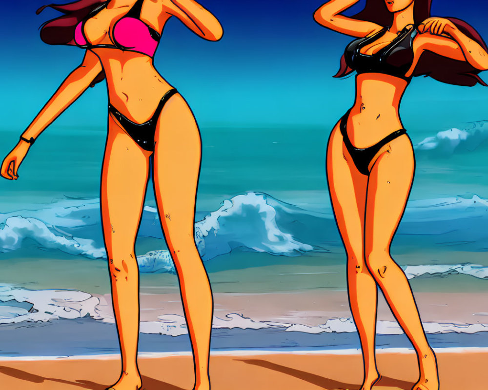 Two bikini-clad animated females on beach with blue skies