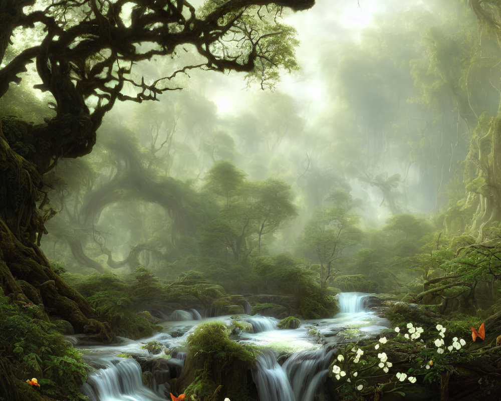 Mystical forest with twisted trees, stream, greenery, and light rays