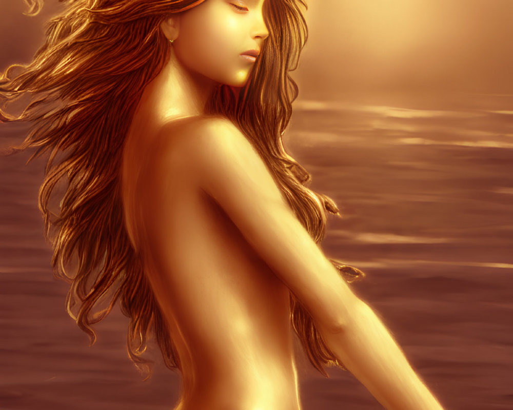 Digital painting of woman with golden flowing hair in water with warm glow