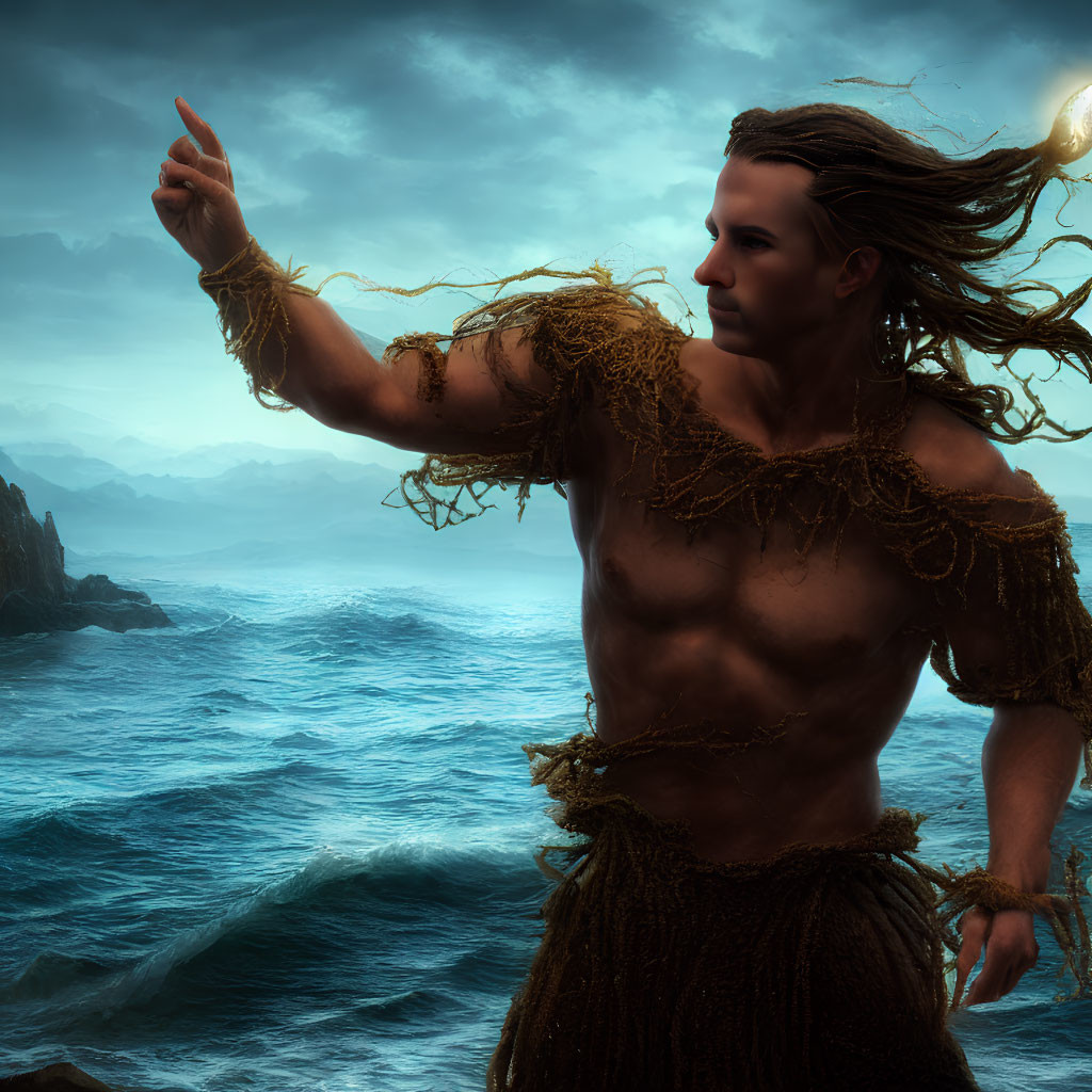 Muscular figure in tattered clothes by the sea with dramatic clouds and lighting.