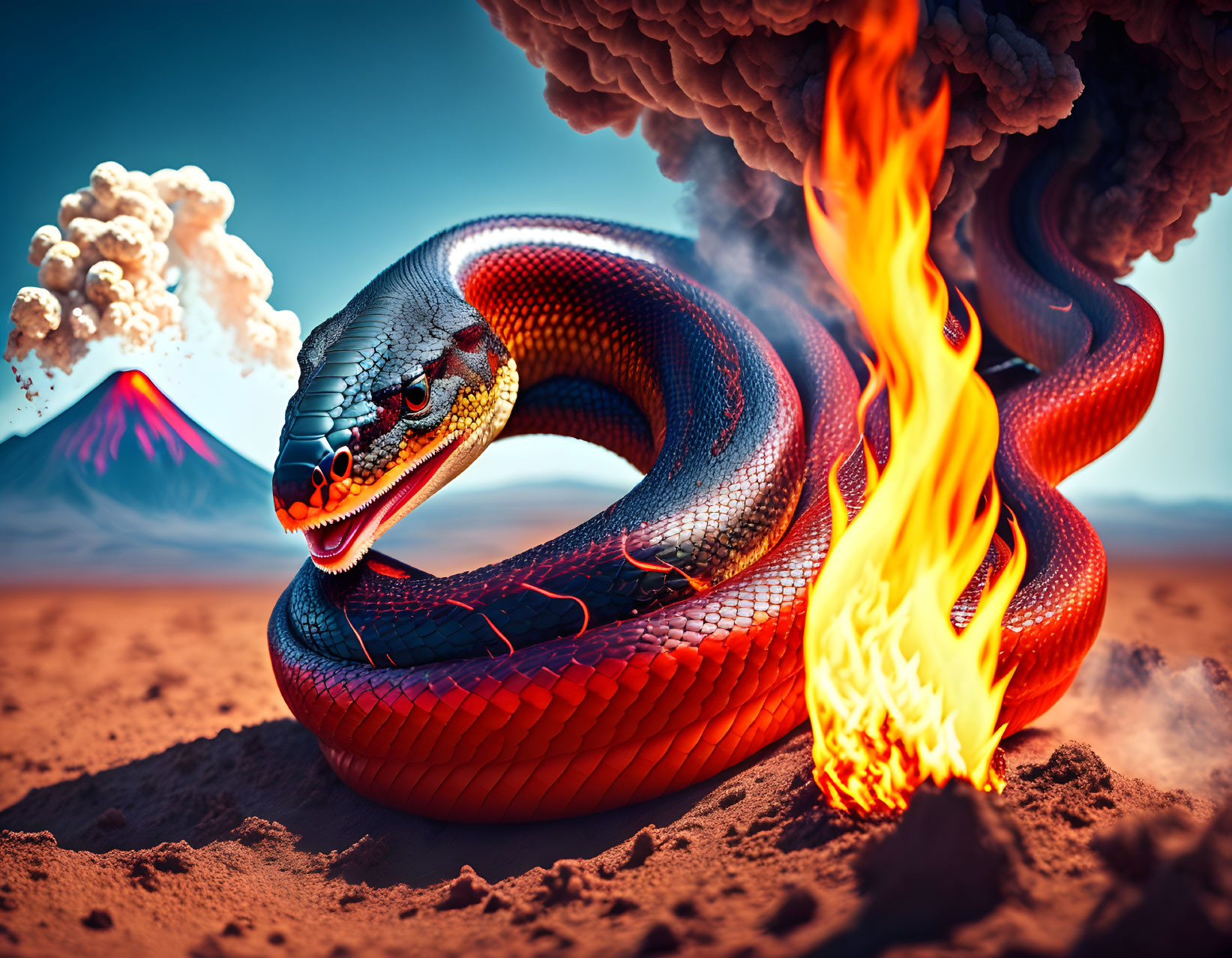 Digital artwork: Fiery serpent with red and black skin in desert with erupting volcano.