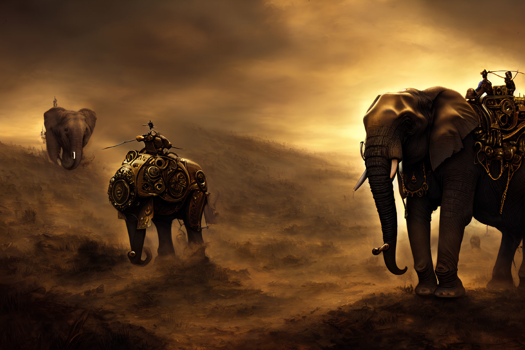 Surreal natural vs. steampunk elephant under dramatic sky