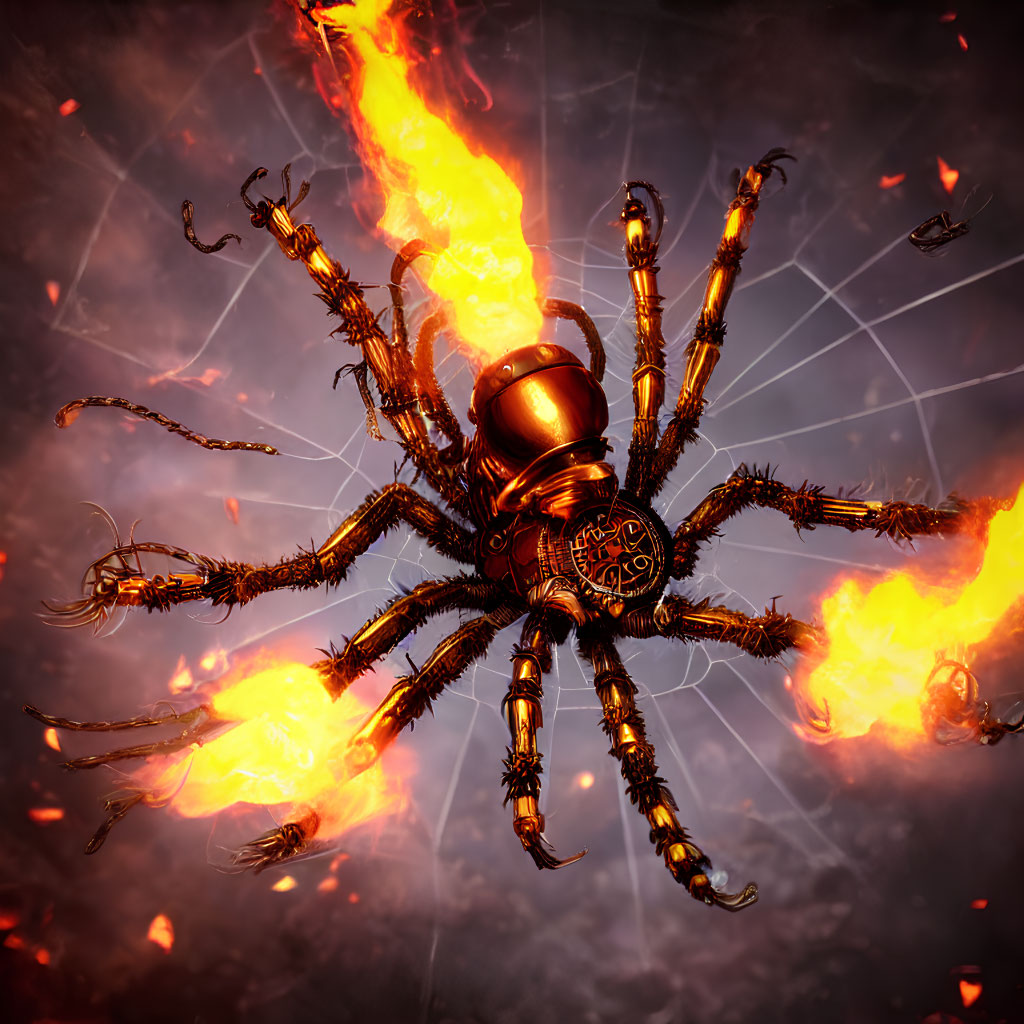 Mechanical spider with flaming legs in fiery, cloudy setting