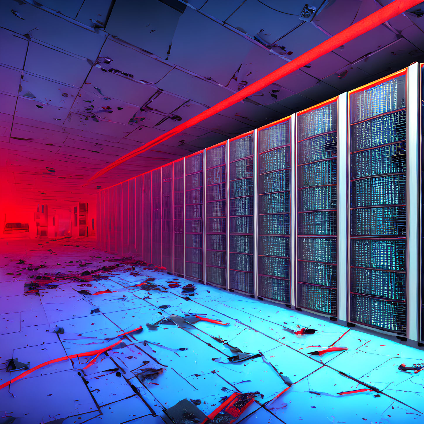 Futuristic server room with blue glowing racks and red lighting