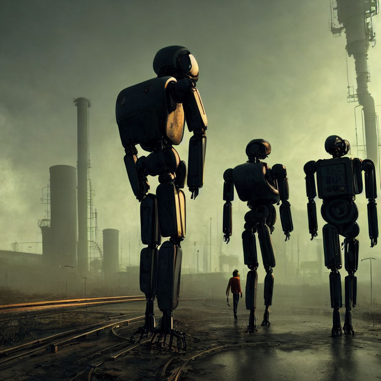 Person facing towering robots in foggy industrial landscape