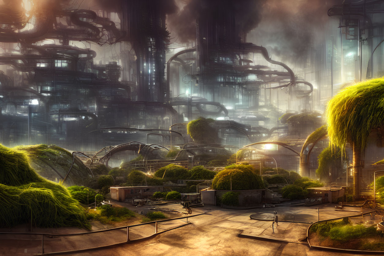Futuristic cityscape with towering skyscrapers and greenery in dome structures