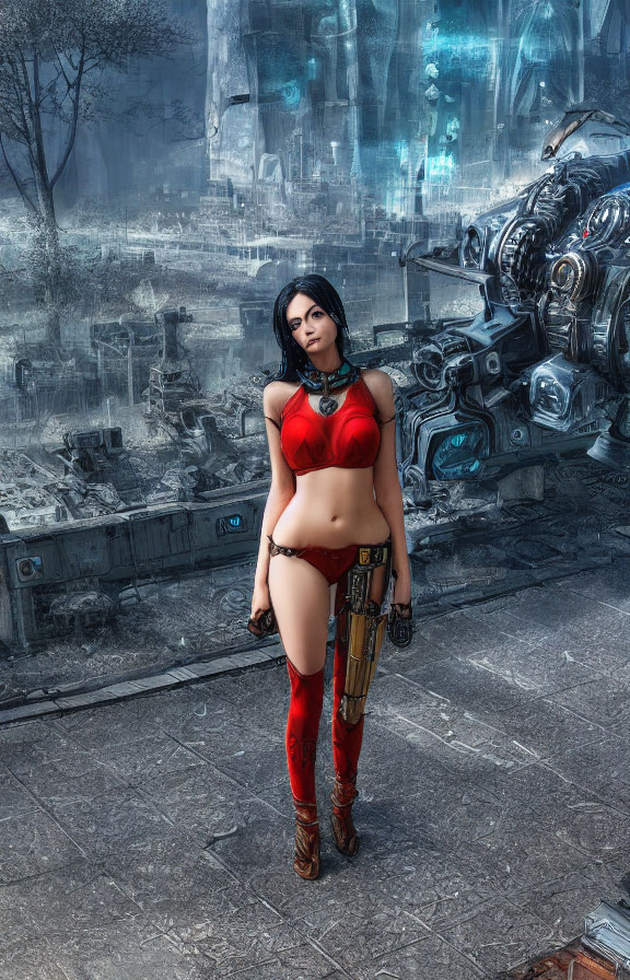 Woman in red sci-fi outfit with blaster in futuristic setting
