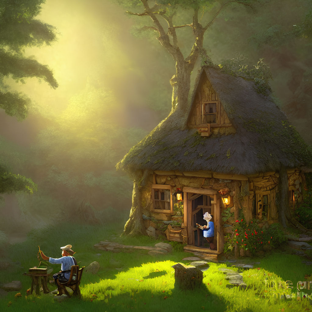 Thatched roof cottage in sunlit forest with reading person and blooming flowers