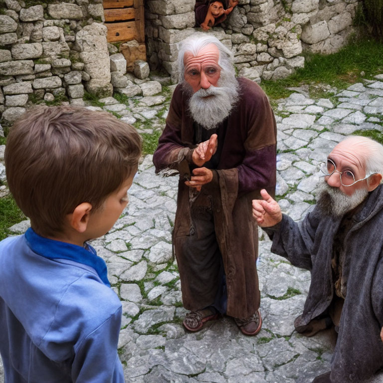 Young boy talking to two elderly men in robes in a stone courtyard