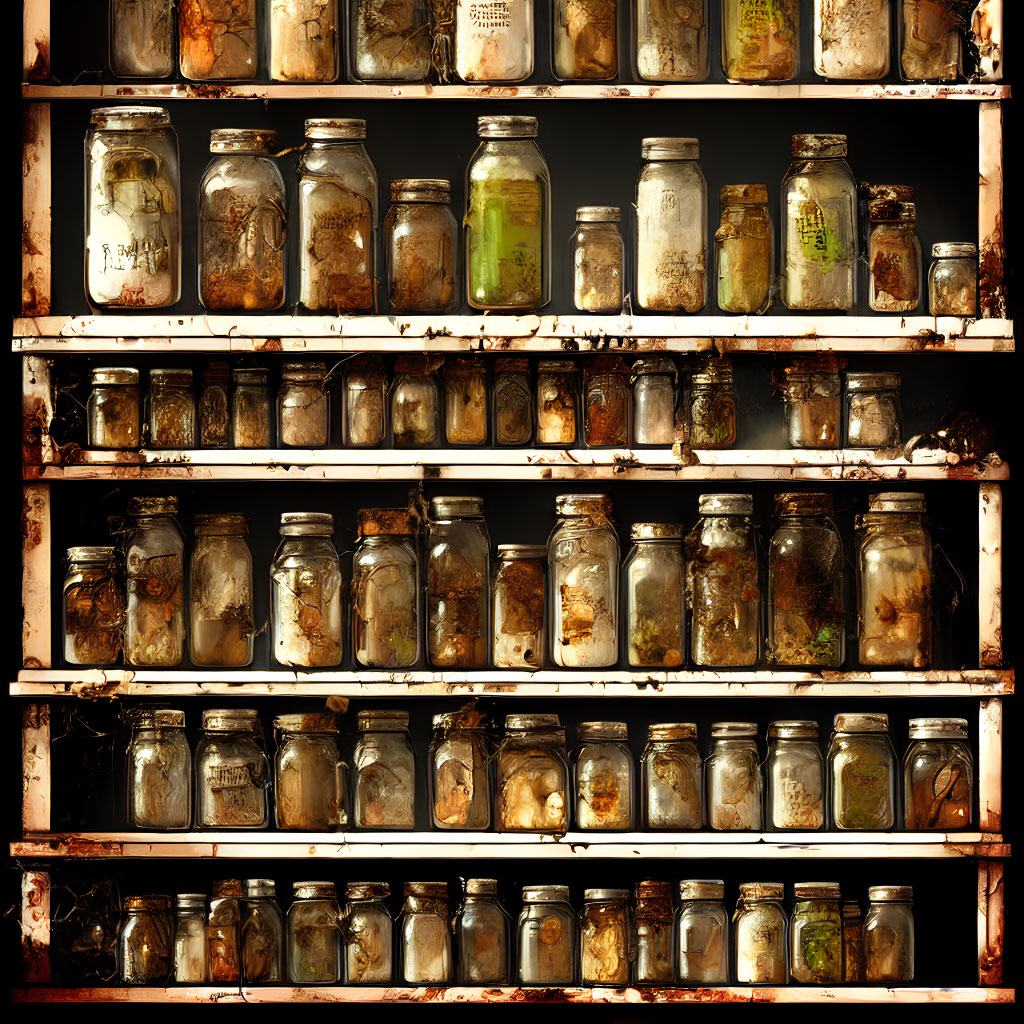 Rusty metal shelves with dusty glass jars in decay