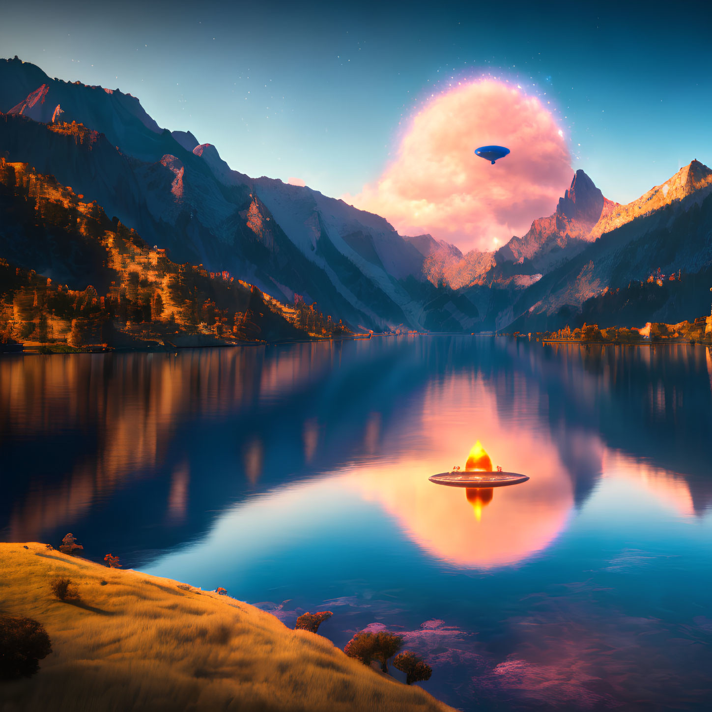 Mountain lake at dusk with futuristic UFOs and glowing portal