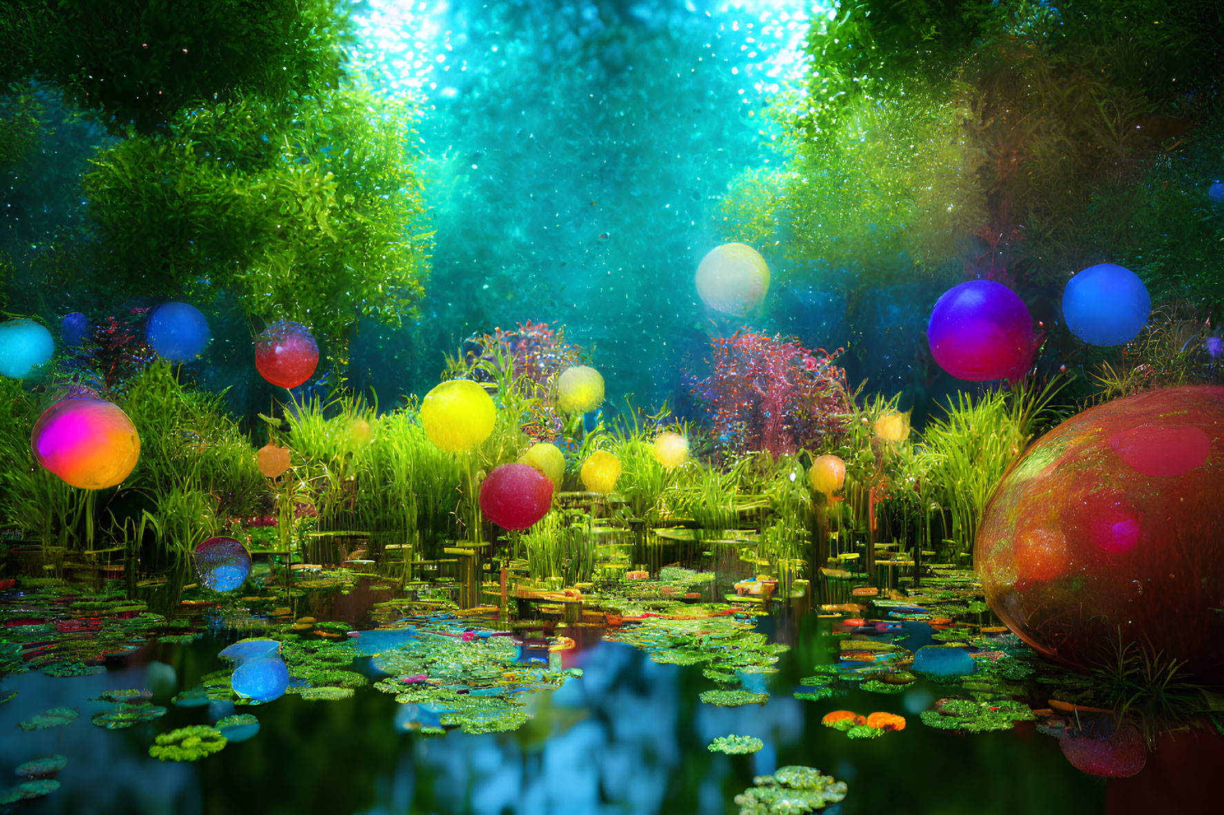 Colorful Glowing Orbs Above Water Lilies in Magical Pond
