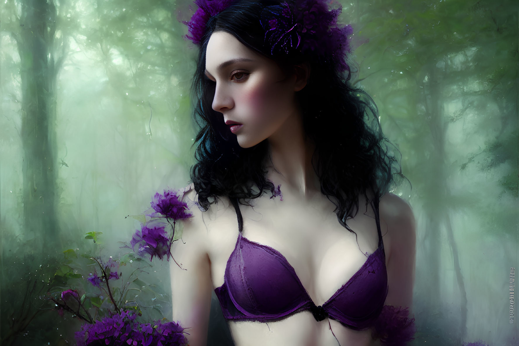 Woman in Purple Bra with Flower Hair in Misty Forest Setting