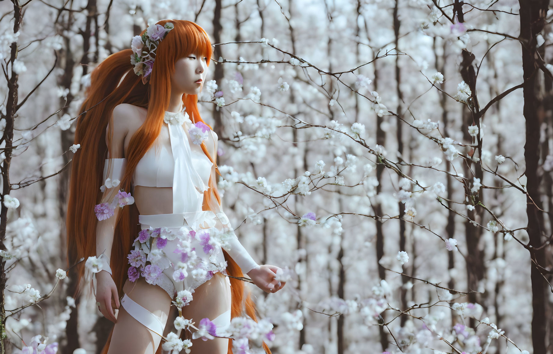 Cosplayer with Long Orange Hair Among White Blooming Trees