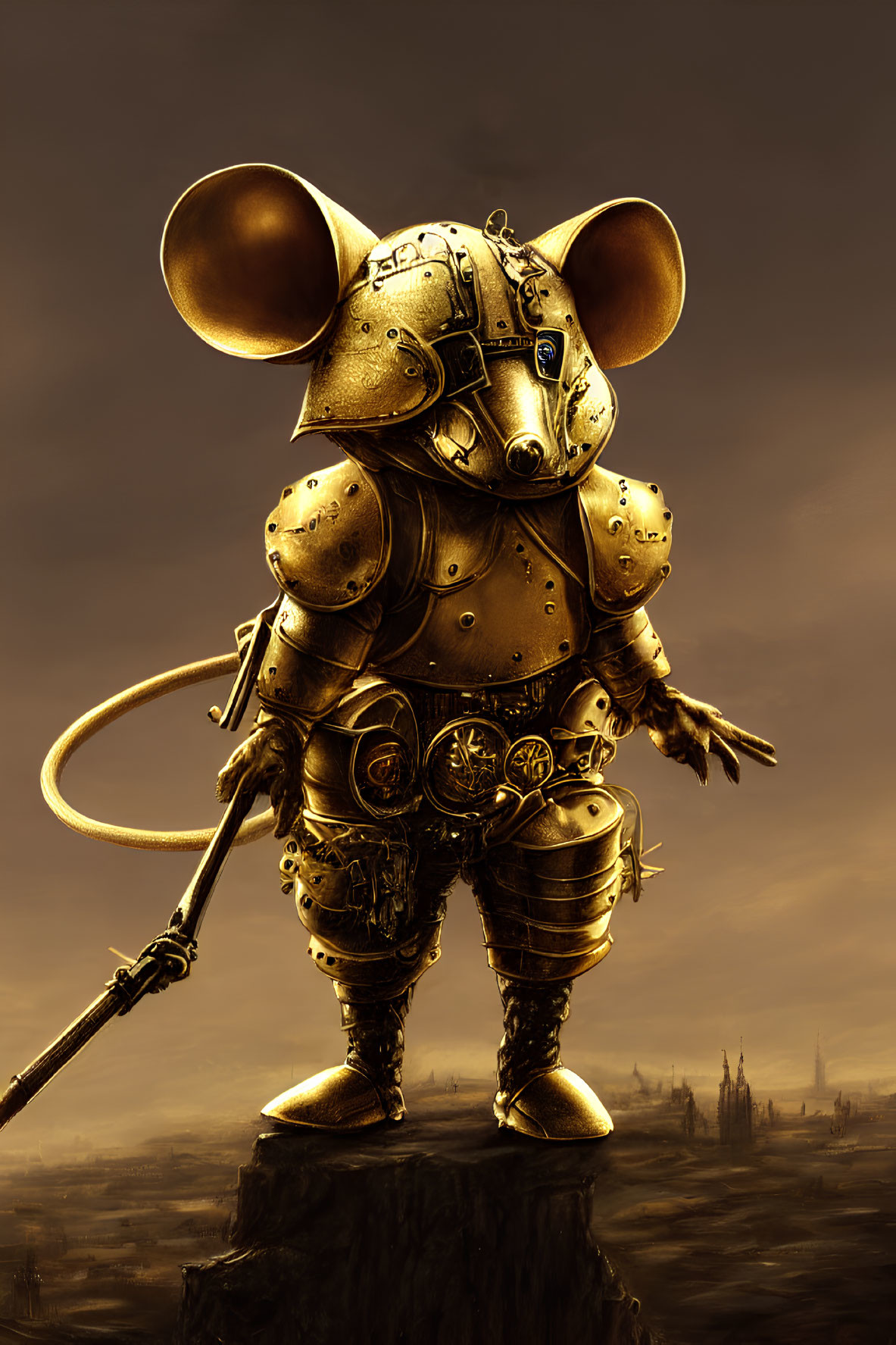 Anthropomorphic mouse in ornate armor with whip in desolate landscape