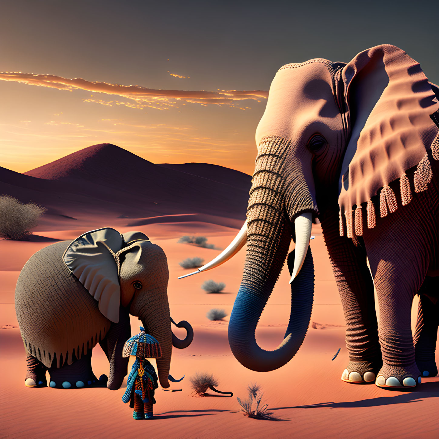 Digital artwork featuring two elephants and tribal figure in surreal desert landscape