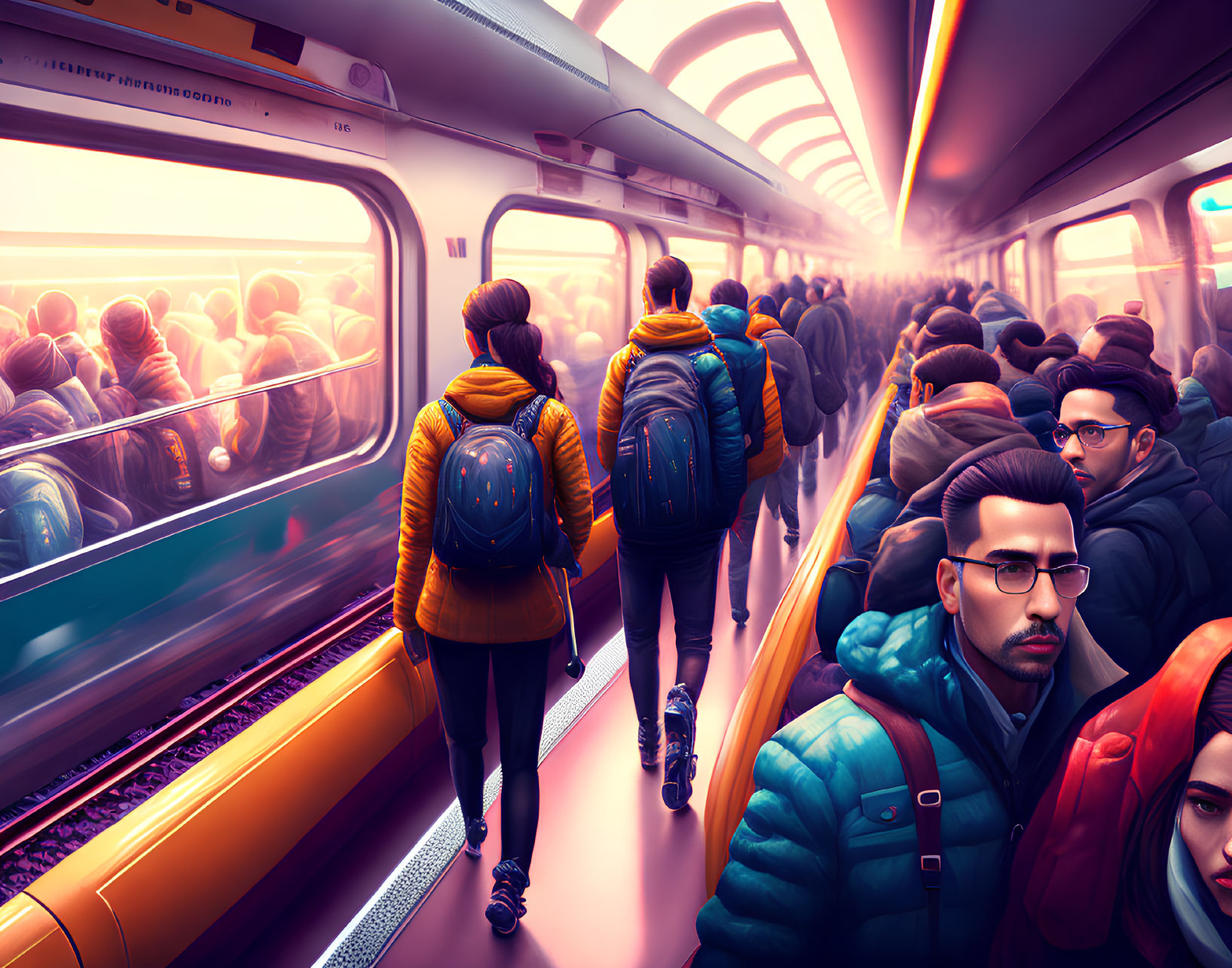 Crowded train carriage with passengers standing under warm orange light
