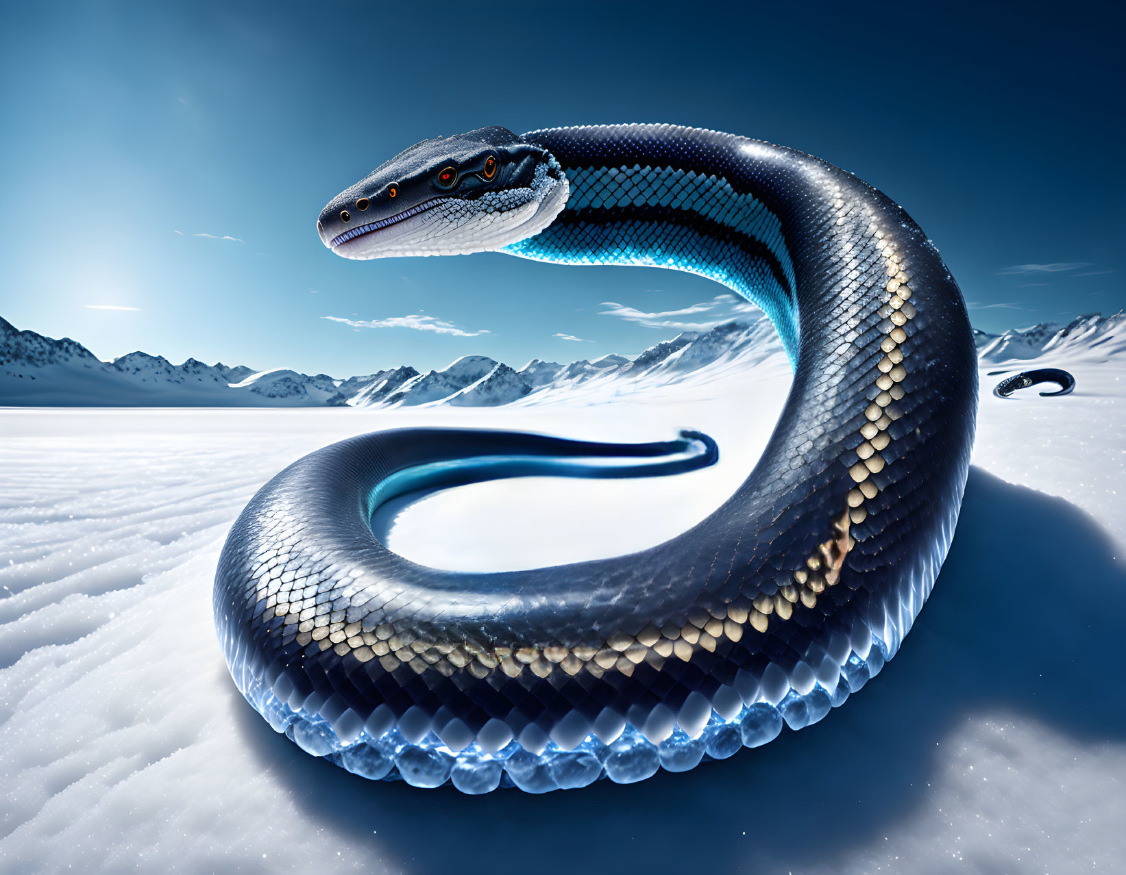 Realistic CGI snake with dark blue and gold colors on snowy landscape