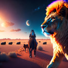 Person riding giant lion with pack in desert under twilight sky
