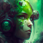 Close-up of woman with green skin in futuristic headgear against cosmic backdrop