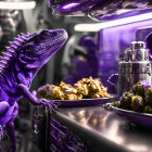 Futuristic robots in spaceship kitchen with purple lighting preparing brussels sprouts