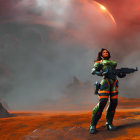 Futuristic soldier in green and orange armor in misty alien forest