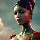 Digital art portrait of woman with glowing shoulder armor and teardrop designs on face